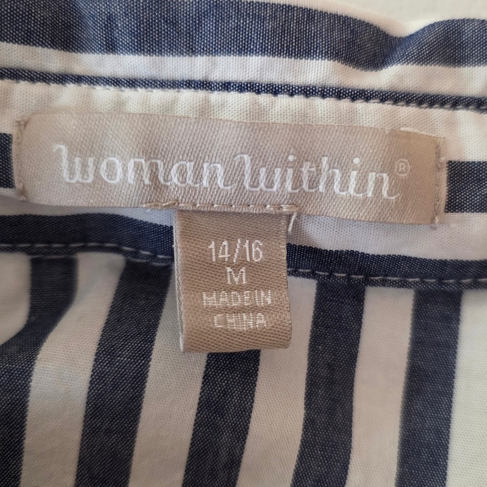 Woman Within Button Down Shirt Womens 14/16 Blue White Striped Floral Embroidery - Picture 9 of 11